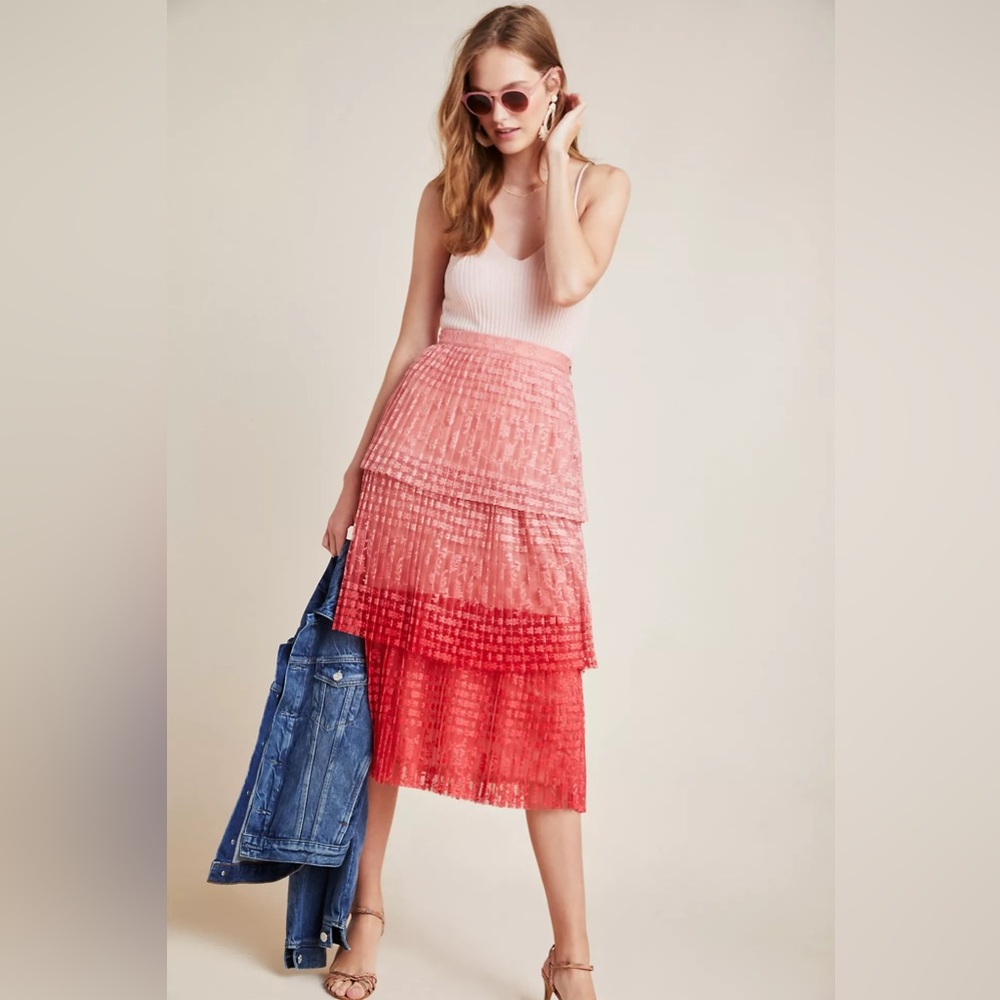 Maeve Coral and Red Layered A-Line lace Skirt